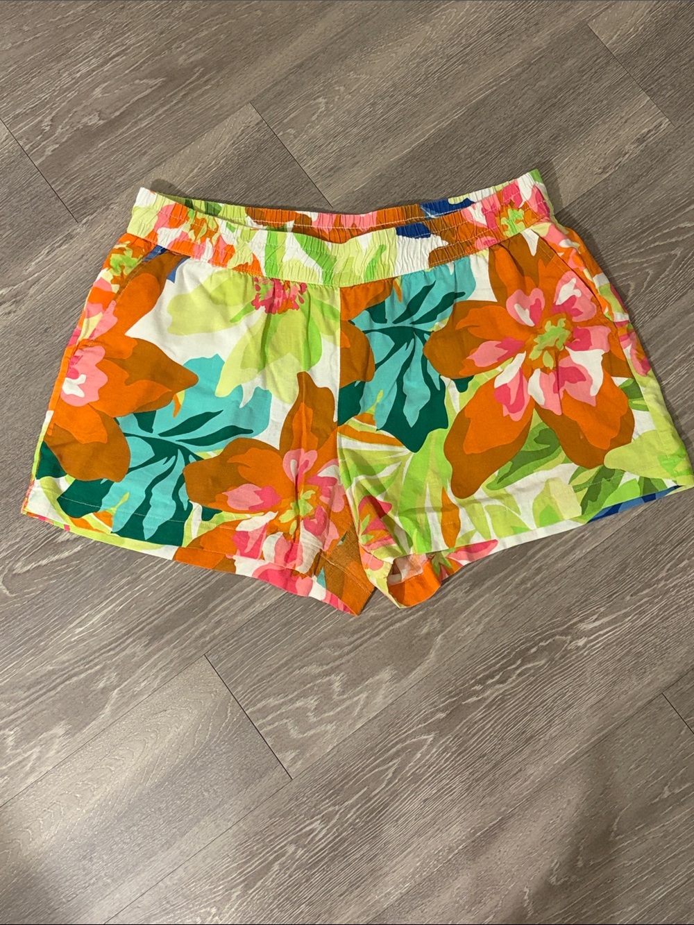Tropical Floral Linen Blend Shorts - Bright Orange & Green
